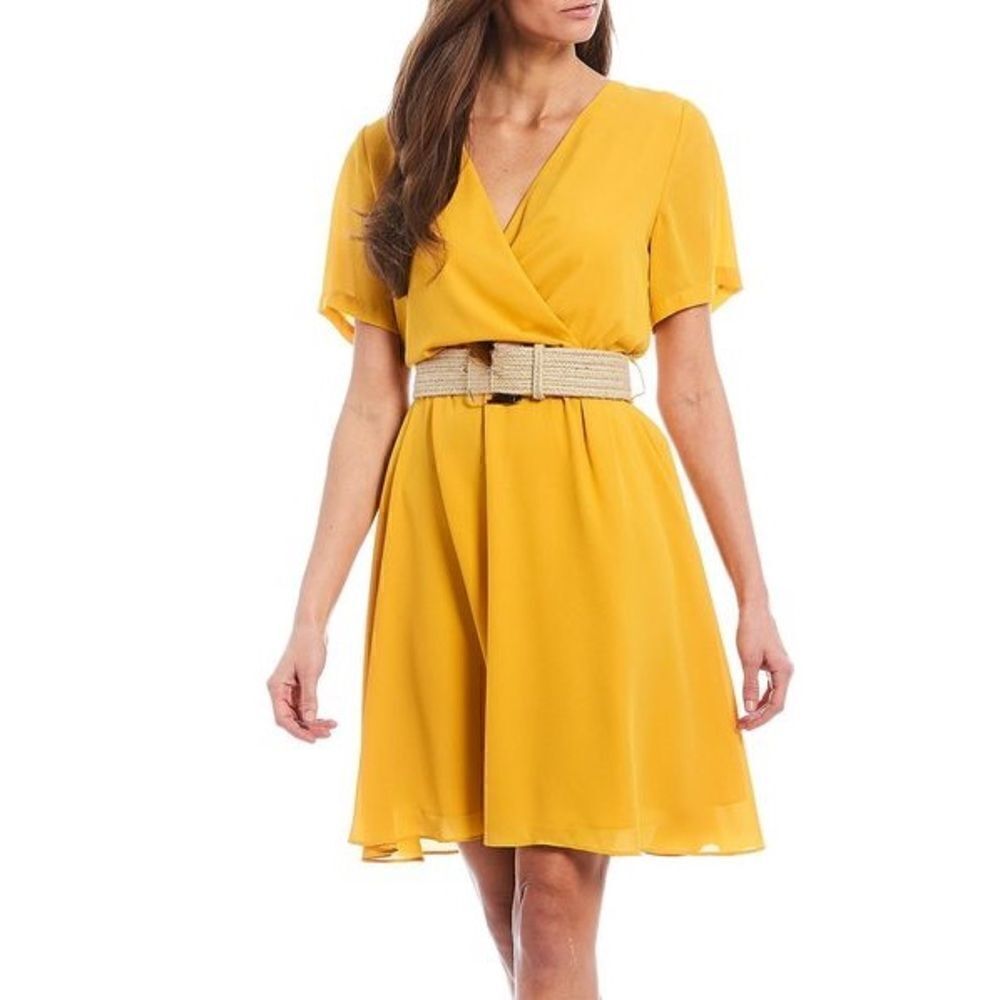 GIBSON LATIMER Short Sleeve Belted Mustard Dress